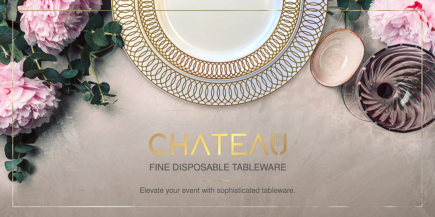 Chateau Fine Tableware 100 Pack 9oz Plastic Cups Gold Glitter with A Gold Rim - Premium Disposable Party Cups - Elegant and Classy Sturdy Cups
