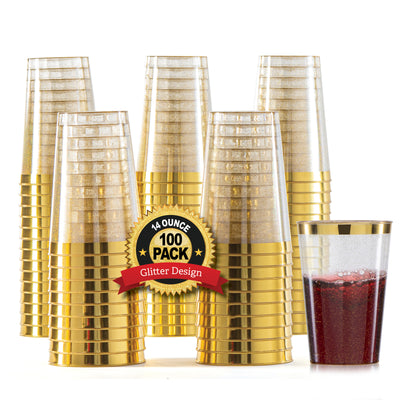 100 Gold Plastic Cups 12 oz Gold Glitter with a Gold Rim - Premium  Disposable Party Cups - Elegant a…See more 100 Gold Plastic Cups 12 oz Gold  Glitter