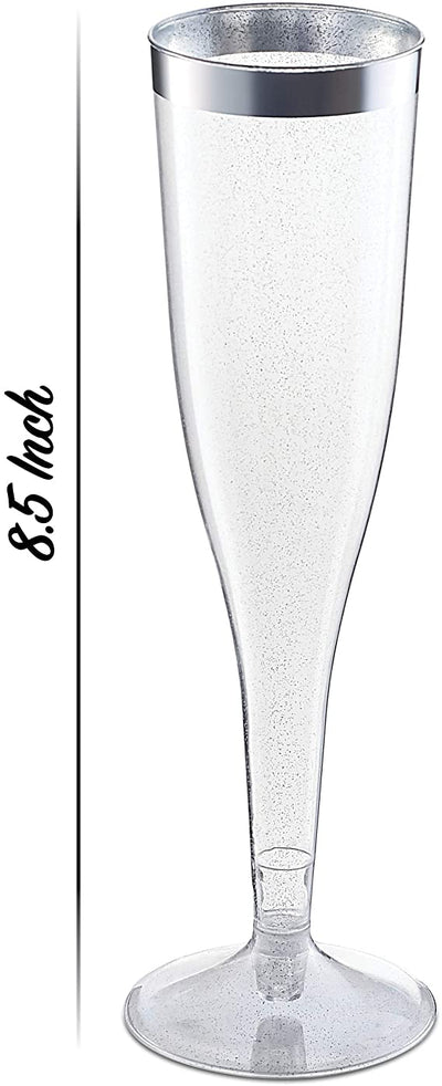 Plastic Champagne Flutes Disposable - Silver Glitter with a Silver Rim - [1 Box of 36 ] 6.5 Oz - Premium Toasting Glass - Elegant Stylish Mimosa Glasses for Weddings Anniversaries and Catered Events