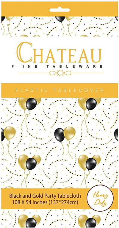 Party Tablecloth Black and Gold Balloons - Durable PEVA Plastic Table Cover Set - Pack of 4 - Disposable Décor for Birthdays, Graduation, Thanksgiving and Anniversary 108x54 Inch Rectangle