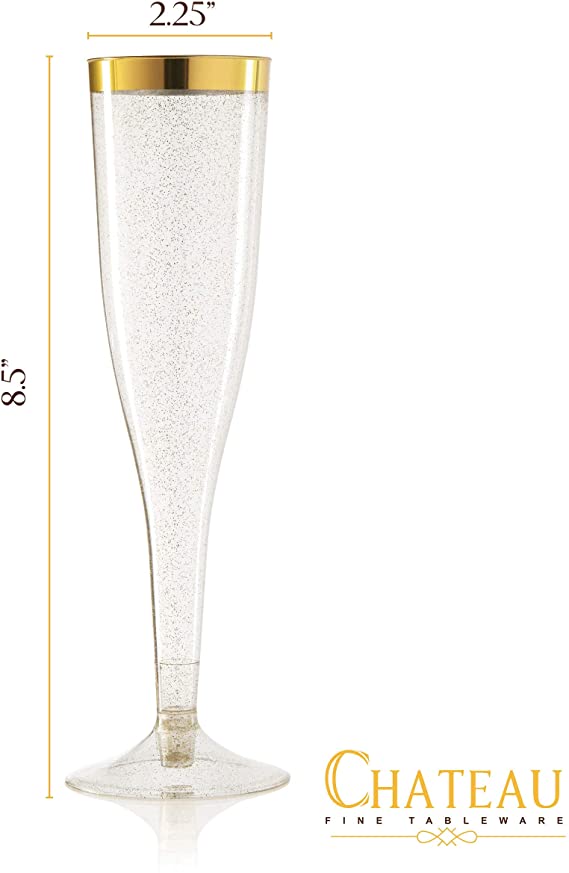 Plastic Champagne Flutes Disposable - Silver Glitter with A Silver Rim - [1 Box of 36 ] 6.5 oz - Premium Toasting Glass - Elegant Stylish Mimosa