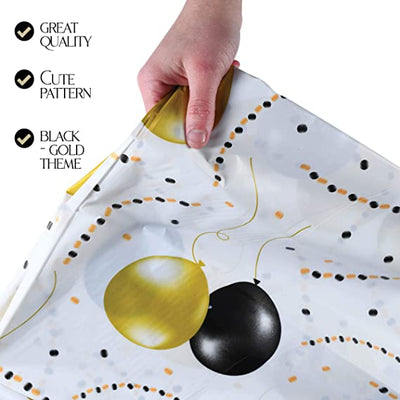 Party Tablecloth Black and Gold Balloons - Durable PEVA Plastic Table Cover Set - Pack of 4 - Disposable Décor for Birthdays, Graduation, Thanksgiving and Anniversary 108x54 Inch Rectangle