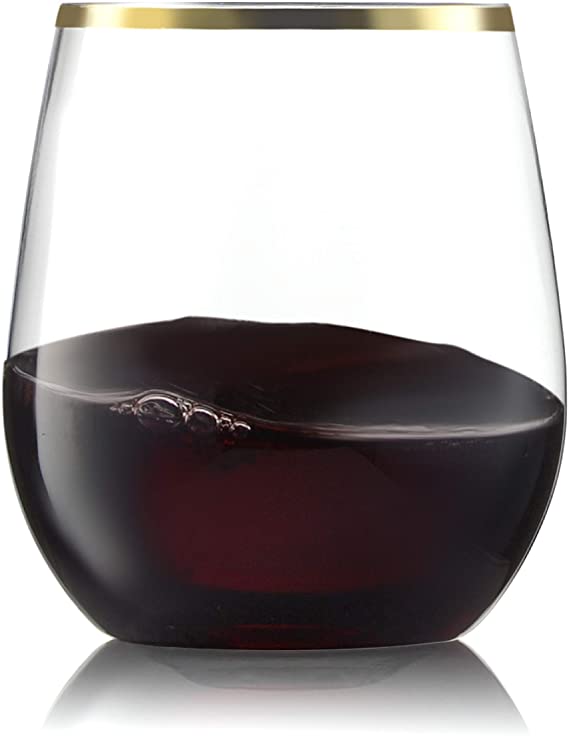 32 Pack Stemless Plastic Wine Glasses Disposable 12 Oz Gold Rim - Shatterproof Recyclable and BPA-Free, Stylish Drinkware for all Beverages, Cocktail Parties, Wedding Reception and Catered Events