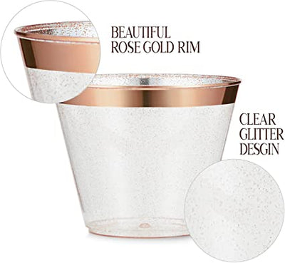 100 Rose Gold Cups 9oz - Rose Gold Glitter with a Rose Gold Rim - Premium Disposable Party Cups - Elegant and Classy Sturdy Cups for Weddings Birthdays Anniversaries and Other Social Events