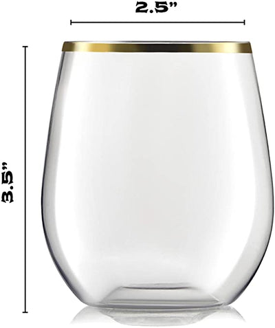 32 Pack Stemless Plastic Wine Glasses Disposable 12 Oz Gold Rim - Shatterproof Recyclable and BPA-Free, Stylish Drinkware for all Beverages, Cocktail Parties, Wedding Reception and Catered Events