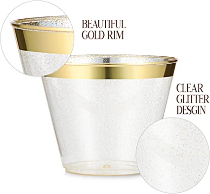 100 Gold Plastic Cups 9oz, Hard Disposable