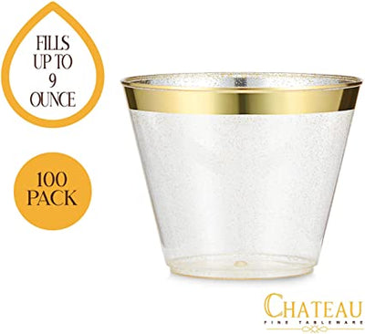 100 Pack 9oz Plastic Cups Gold Glitter with a Gold Rim - Premium Disposable Party Cups - Elegant and Classy Sturdy Cups - Weddings Birthdays Anniversaries and Other Social Events