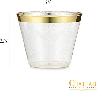 100 Pack 9oz Plastic Cups Gold Glitter with a Gold Rim - Premium Disposable Party Cups - Elegant and Classy Sturdy Cups - Weddings Birthdays Anniversaries and Other Social Events