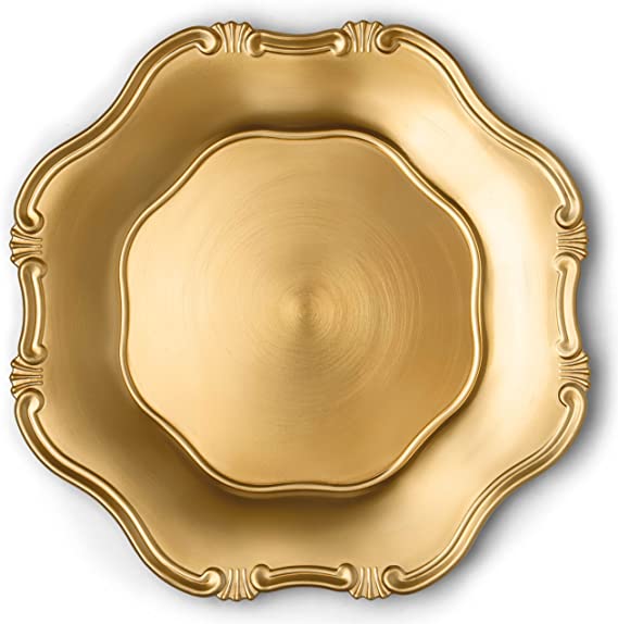 Baroque Gold Charger Plates, 13” Elegant Chargers, Set of 6, Hand Finished (Finish May Vary) Baroque Gold Chargers for Dinner Plates & Soup Bowls, Perfect for Weddings, Parties, Anniversary, Holidays