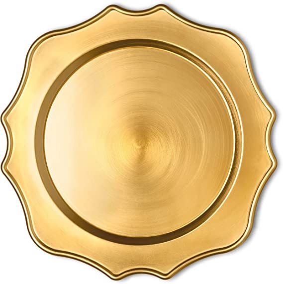 Scalloped Gold Charger Plates, 13” Elegant Chargers, Set of 6, Hand Finished (Finish May Vary) Scalloped Gold Chargers for Dinner Plates & Bowls, Perfect for Weddings, Parties, Anniversary, Holidays