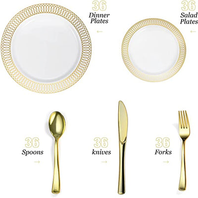 180-Piece White & Gold Plates Dinnerware Set - Large & Small White & Gold Party Plates with Gold Plastic Silverware, Forks, Spoons, Knives for 36 Guests, New Year’s, Holiday, Party, Birthday Wedding