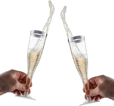 Plastic Champagne Flutes Disposable - Silver Glitter with a Silver Rim - [1 Box of 36 ] 6.5 Oz - Premium Toasting Glass - Elegant Stylish Mimosa Glasses for Weddings Anniversaries and Catered Events