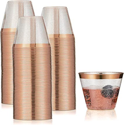 100 Rose Gold Cups 9oz - Rose Gold Glitter with a Rose Gold Rim - Premium Disposable Party Cups - Elegant and Classy Sturdy Cups for Weddings Birthdays Anniversaries and Other Social Events