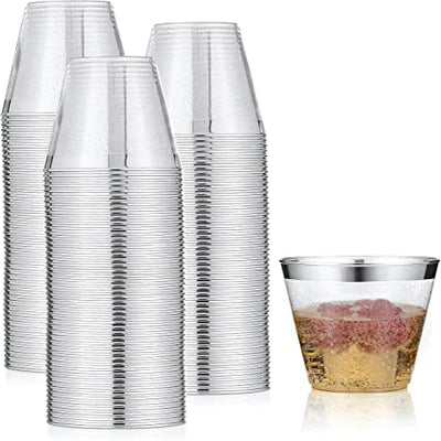 100 Pack Silver Rimmed Plastic Cups, 9 oz Disposable Plastic Glasses, Silver Glitter with a Silver Rim, Elegant Party Cups for Champagne, Wine, Cold Drinks, Tea, Punch, Juice, Soda