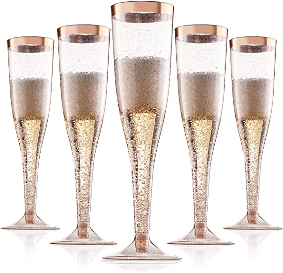 Rose Gold Plastic Champagne Flutes Disposable - Rose Gold Glitter with a Rose Gold Rim - [1 Box of 36 ] 6.5 Oz - Elegant Stylish Mimosa Glasses Perfect for Weddings Bachelorette Party, Catered Events