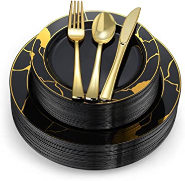 180-Piece Black & Gold Plates Dinnerware Set - Large & Small Black & Gold Party Plates with Plastic Silverware, Forks, Spoons, Knives for 36 Guests New Year’s, Holidays, Parties, Birthdays, Weddings