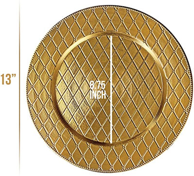 Diamond Gold Charger Plates, 13” Elegant Chargers, Set of 6, Hand Finished (Finish May Vary) Gold Chargers for Dinner Plates & Soup Bowls, Perfect for Weddings, Parties, Anniversary, Holidays