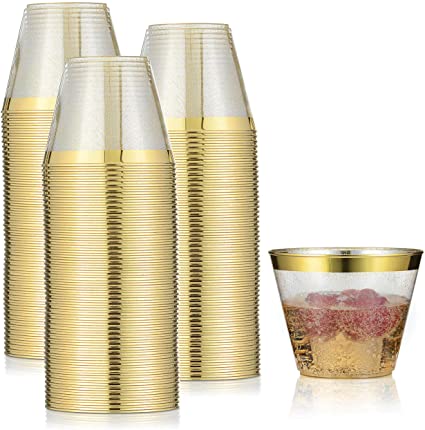 Chateau Glasses 36 Pack Plastic Stemless Champagne Flutes, 9 oz Clear  Drinking & Toasting Glass with Elegant Gold Rim, Disposable Drinkware 