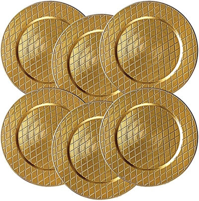 Diamond Gold Charger Plates, 13” Elegant Chargers, Set of 6, Hand Finished (Finish May Vary) Gold Chargers for Dinner Plates & Soup Bowls, Perfect for Weddings, Parties, Anniversary, Holidays