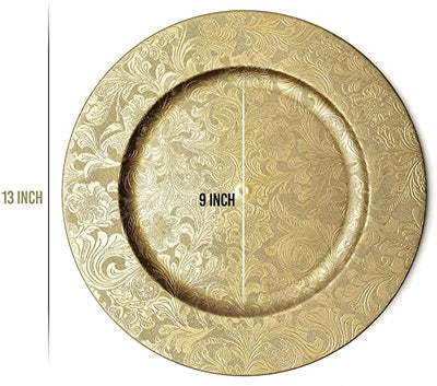 Gold Floral Charger Plates - 13-Inch Elegant Chargers - Set of 6 - For Small to Regular-Size Dinnerware & Soup Bowls - Suitable for Weddings, Parties, Anniversary, Thanksgiving