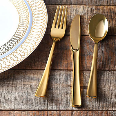 180-Piece White & Gold Plates Dinnerware Set - Large & Small White & Gold Party Plates with Gold Plastic Silverware, Forks, Spoons, Knives for 36 Guests, New Year’s, Holiday, Party, Birthday Wedding