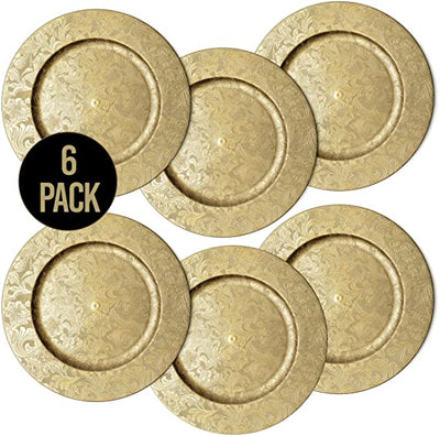 Gold Floral Charger Plates - 13-Inch Elegant Chargers - Set of 6 - For Small to Regular-Size Dinnerware & Soup Bowls - Suitable for Weddings, Parties, Anniversary, Thanksgiving