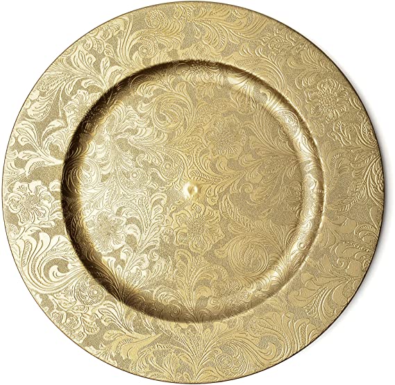 Gold Floral Charger Plates - 13-Inch Elegant Chargers - Set of 6 - For Small to Regular-Size Dinnerware & Soup Bowls - Suitable for Weddings, Parties, Anniversary, Thanksgiving