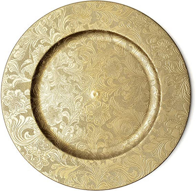 Gold Floral Charger Plates - 13-Inch Elegant Chargers - Set of 6 - For Small to Regular-Size Dinnerware & Soup Bowls - Suitable for Weddings, Parties, Anniversary, Thanksgiving