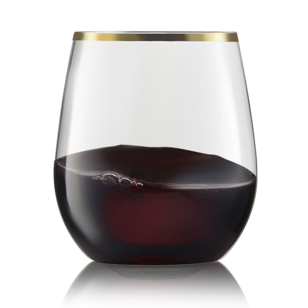 32 Pack Stemless Plastic Wine Glasses Disposable 12 Oz Gold Rim - Shatterproof Recyclable and BPA-Free, Stylish Drinkware for all Beverages, Cocktail Parties, Wedding Reception and Catered Events