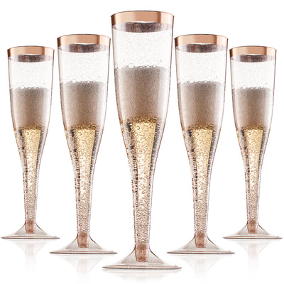 Rose Gold Plastic Champagne Flutes Disposable - Rose Gold Glitter with a Rose Gold Rim - [1 Box of 36 ] 6.5 Oz - Elegant Stylish Mimosa Glasses Perfect for Weddings Bachelorette Party, Catered Events