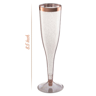 Rose Gold Plastic Champagne Flutes Disposable - Rose Gold Glitter with a Rose Gold Rim - [1 Box of 36 ] 6.5 Oz - Elegant Stylish Mimosa Glasses Perfect for Weddings Bachelorette Party, Catered Events