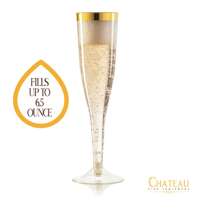 Plastic Champagne Flutes Disposable - Gold Glitter with a Gold Rim - [1 Box of 36 ] 6.5 Oz Premium Toasting Flutes, Elegant Stylish Mimosa Glasses Perfect for Weddings Anniversaries and Catered Events