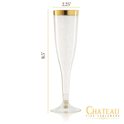 Plastic Champagne Flutes Disposable - Gold Glitter with a Gold Rim - [1 Box of 36 ] 6.5 Oz Premium Toasting Flutes, Elegant Stylish Mimosa Glasses Perfect for Weddings Anniversaries and Catered Events